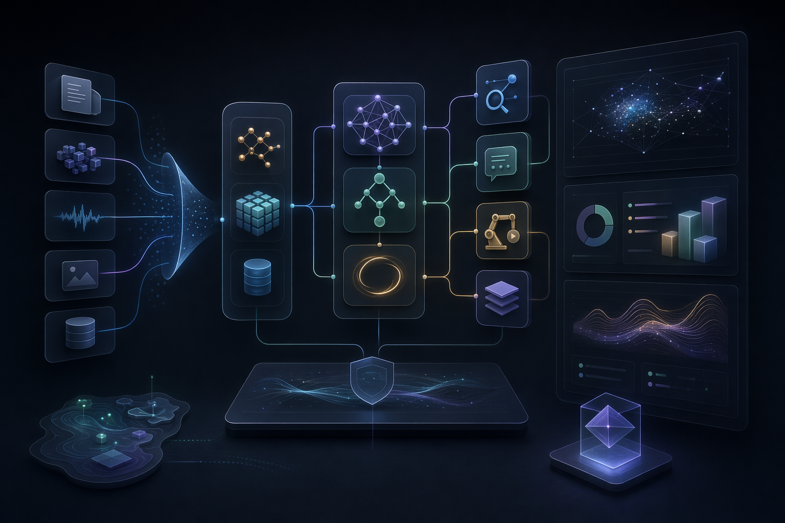 Editorial architecture illustration comparing RAG, agents, automation, and simple LLM workflows for an AI MVP.