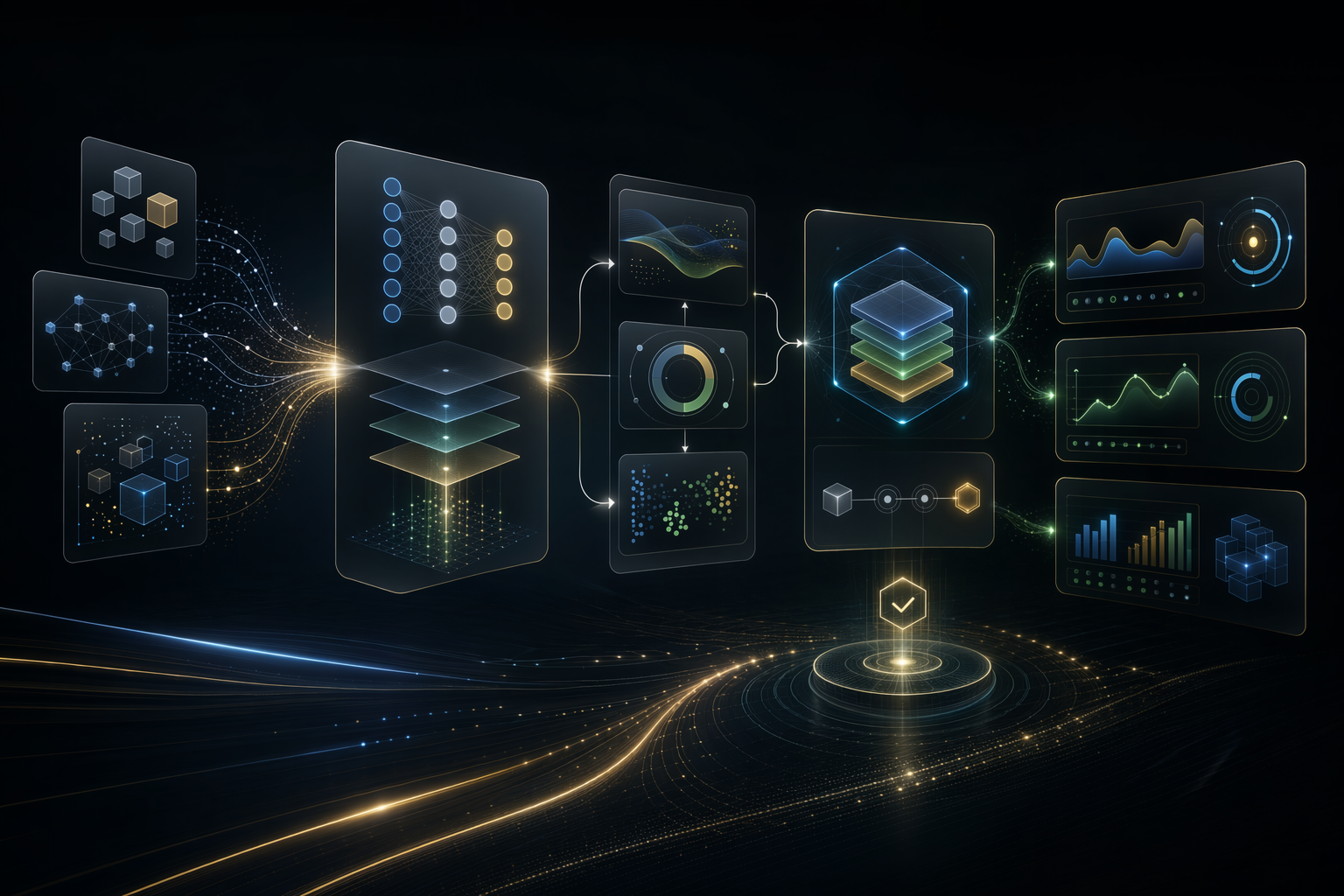 Dark technical illustration showing an AI SaaS prototype progressing through model, data, evaluation, deployment, and observability layers toward production dashboards.
